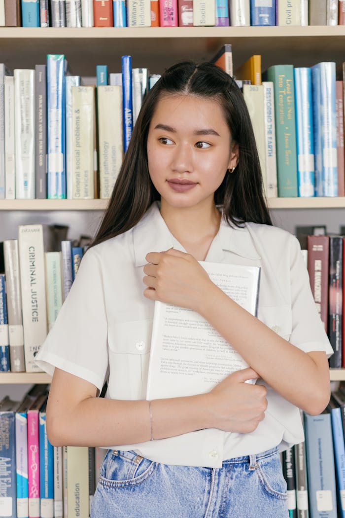 Young woman in a library holding a book, surrounded by shelves of literature and textbooks.